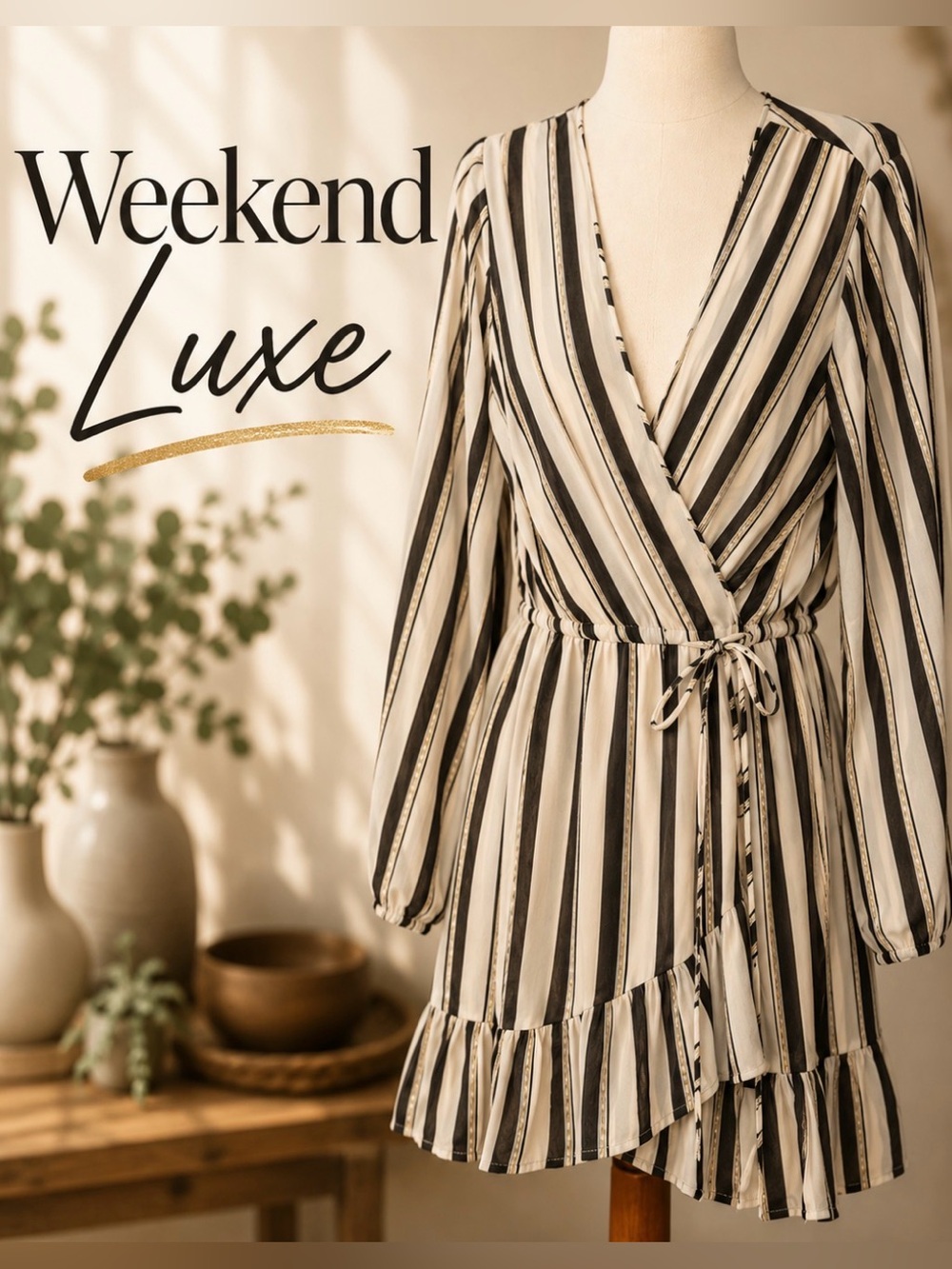 Blue Island Cream, Black & Gold Faux Wrap Striped Dress Size Medium
